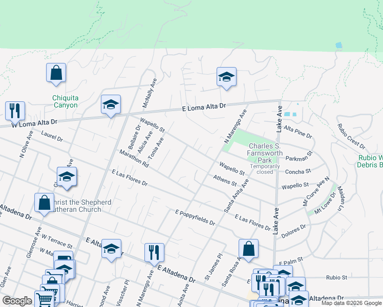 map of restaurants, bars, coffee shops, grocery stores, and more near 294 Wapello Street in Altadena