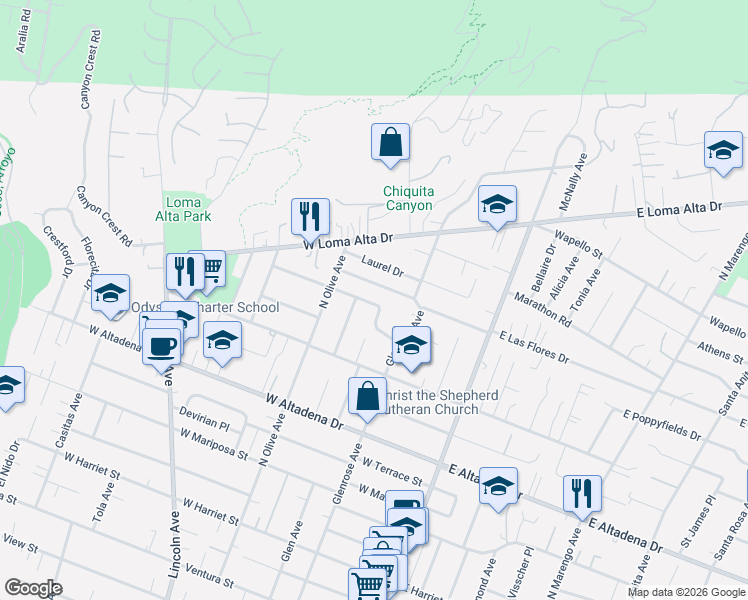 map of restaurants, bars, coffee shops, grocery stores, and more near 222 West Poppyfields Drive in Altadena