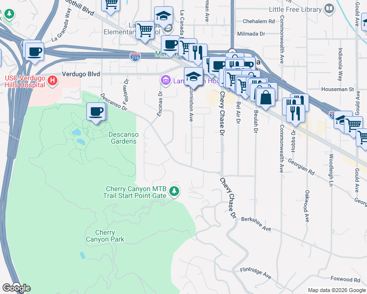 map of restaurants, bars, coffee shops, grocery stores, and more near 4345 Cobblestone Lane in La Cañada Flintridge
