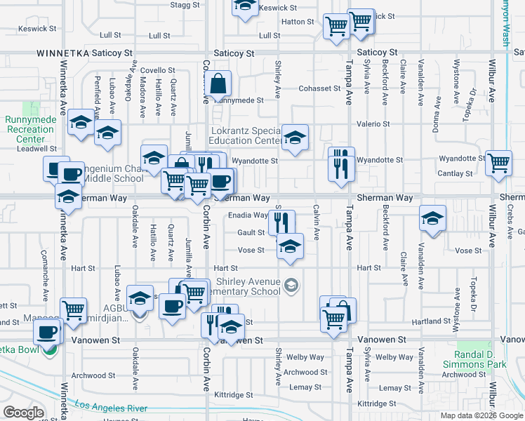map of restaurants, bars, coffee shops, grocery stores, and more near 19516 Enadia Way in Los Angeles