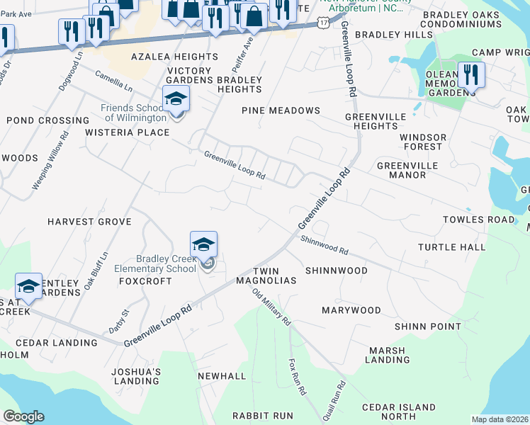 map of restaurants, bars, coffee shops, grocery stores, and more near 6391 Greenville Loop Rd in Wilmington