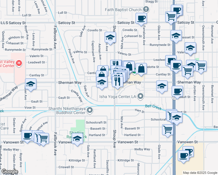 map of restaurants, bars, coffee shops, grocery stores, and more near 7137 Shoup Avenue in Los Angeles