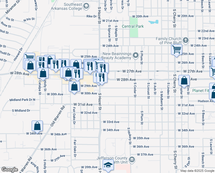 map of restaurants, bars, coffee shops, grocery stores, and more near 2101 West 29th Avenue in Pine Bluff