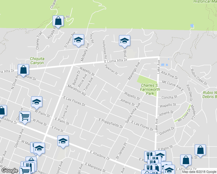 map of restaurants, bars, coffee shops, grocery stores, and more near 294 Wapello Street in Altadena