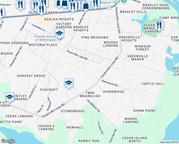 map of restaurants, bars, coffee shops, grocery stores, and more near 6119 Shinnwood Road in Wilmington