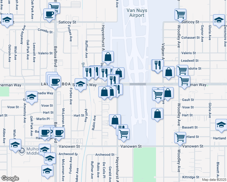 map of restaurants, bars, coffee shops, grocery stores, and more near 7127 Hayvenhurst Avenue in Los Angeles