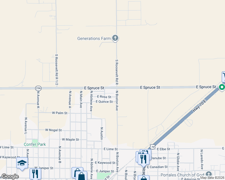 map of restaurants, bars, coffee shops, grocery stores, and more near North Boston Avenue in Portales