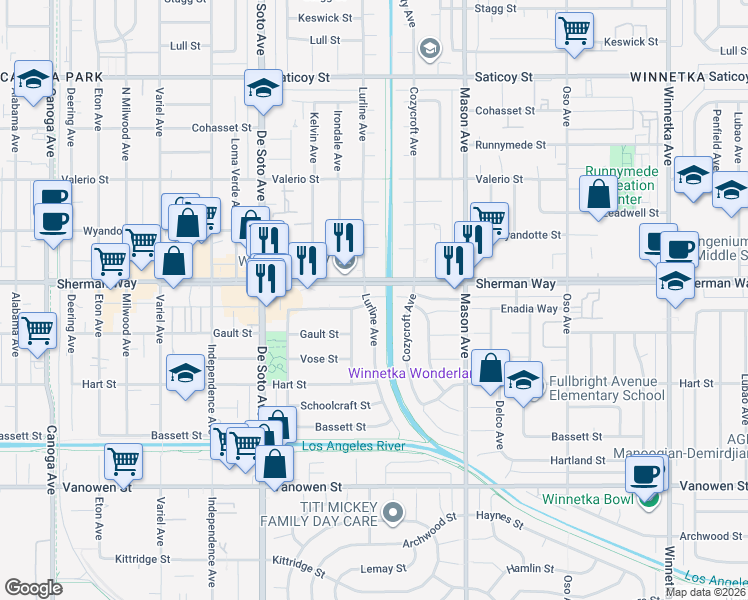 map of restaurants, bars, coffee shops, grocery stores, and more near 20700 Enadia Way in Los Angeles