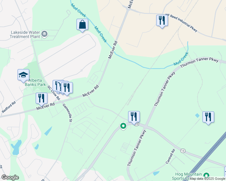 map of restaurants, bars, coffee shops, grocery stores, and more near 5385 McEver Road in Flowery Branch