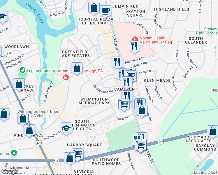 map of restaurants, bars, coffee shops, grocery stores, and more near Cameron Court in Wilmington