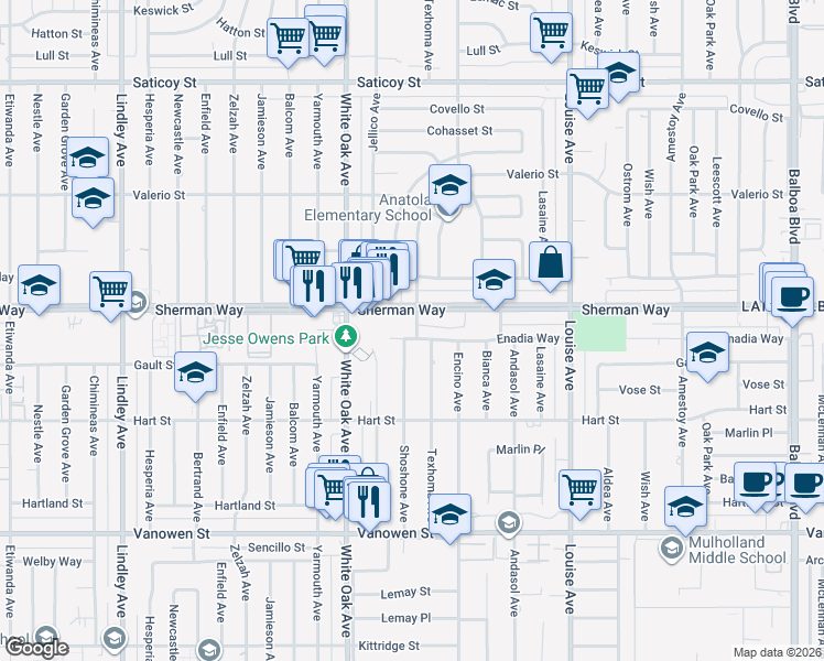 map of restaurants, bars, coffee shops, grocery stores, and more near 7123 Shoshone Avenue in Los Angeles