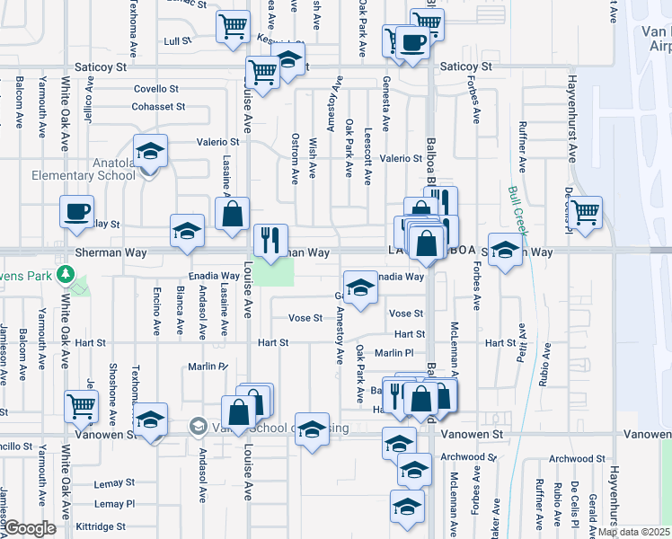 map of restaurants, bars, coffee shops, grocery stores, and more near 17108 Enadia Way in Los Angeles