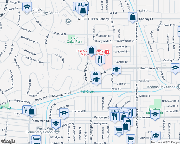map of restaurants, bars, coffee shops, grocery stores, and more near 7210 Woodlake Avenue in Los Angeles