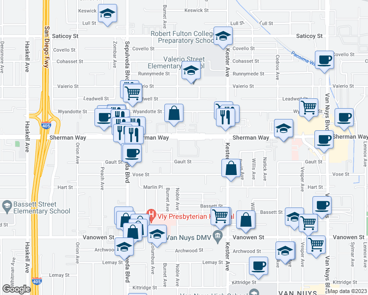 map of restaurants, bars, coffee shops, grocery stores, and more near 15050 Sherman Way in Los Angeles
