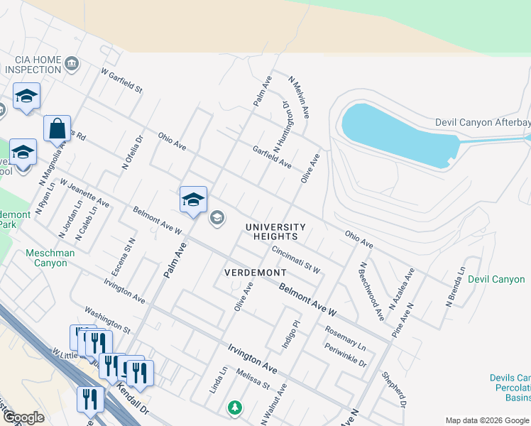 map of restaurants, bars, coffee shops, grocery stores, and more near in San Bernardino