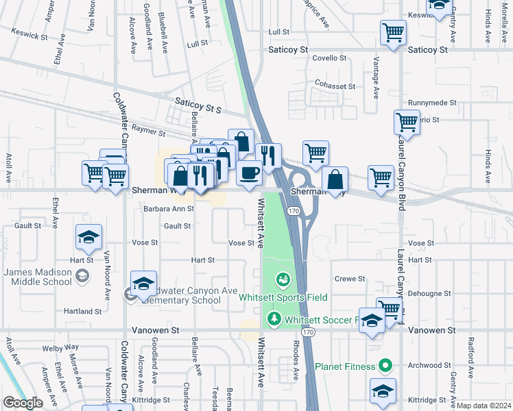 map of restaurants, bars, coffee shops, grocery stores, and more near 7117 Whitsett Avenue in Los Angeles