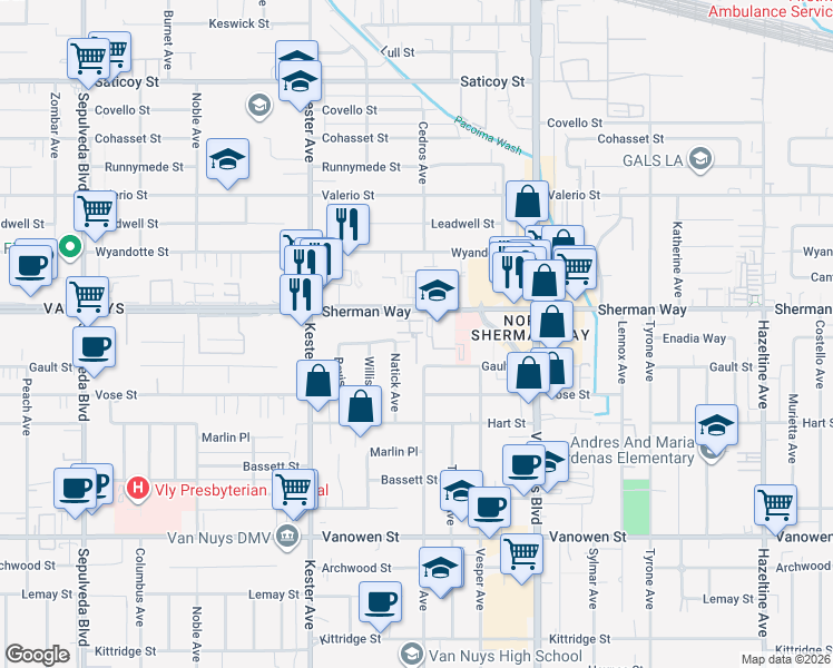map of restaurants, bars, coffee shops, grocery stores, and more near 7117 Marisa Road in Los Angeles