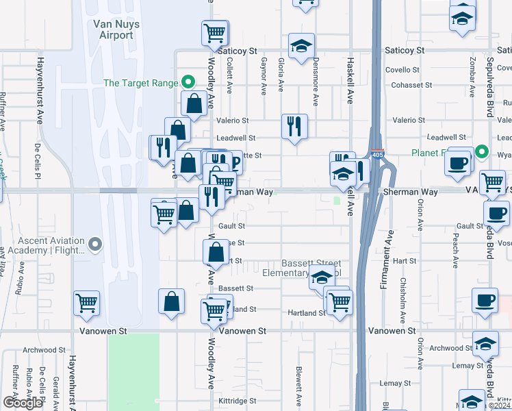 map of restaurants, bars, coffee shops, grocery stores, and more near 15926 Enadia Way in Los Angeles