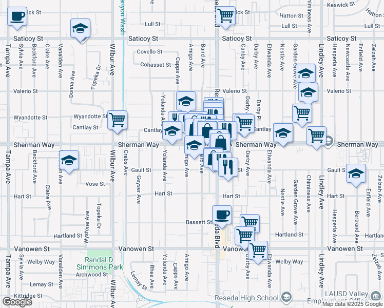 map of restaurants, bars, coffee shops, grocery stores, and more near 7123 Baird Avenue in Los Angeles