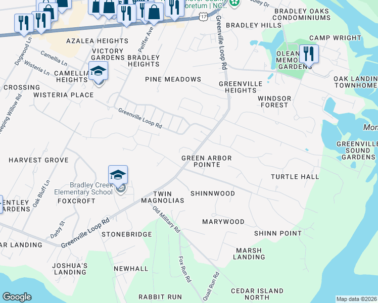 map of restaurants, bars, coffee shops, grocery stores, and more near 6411 Greenville Loop Road in Wilmington