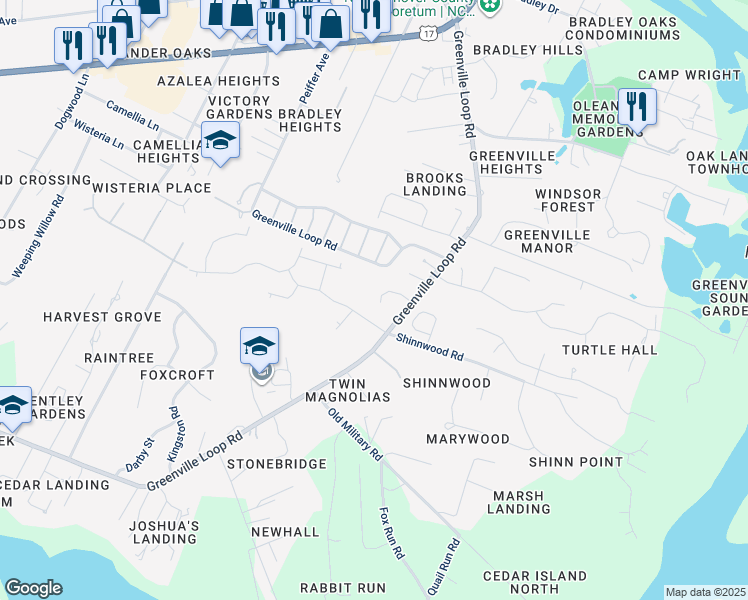 map of restaurants, bars, coffee shops, grocery stores, and more near 6391 Greenville Loop Rd in Wilmington
