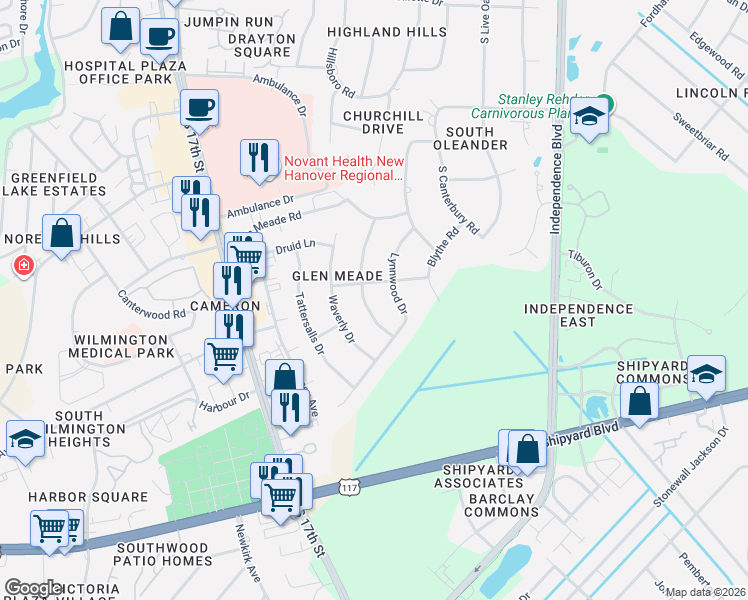 map of restaurants, bars, coffee shops, grocery stores, and more near 2229 Lynnwood Drive in Wilmington