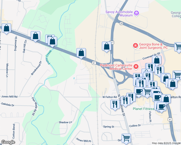 map of restaurants, bars, coffee shops, grocery stores, and more near 11 Parkway Station Drive in Cartersville