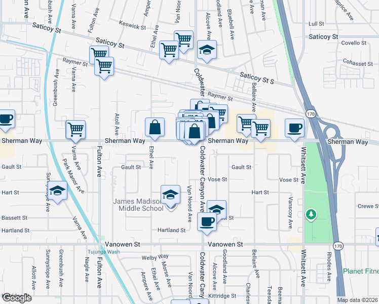 map of restaurants, bars, coffee shops, grocery stores, and more near 7133 Coldwater Canyon Avenue in Los Angeles