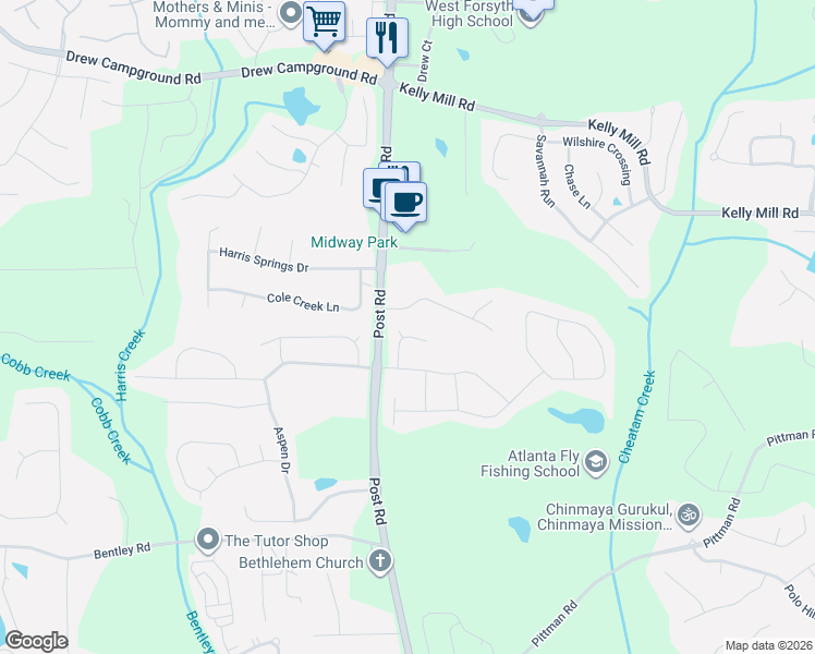 map of restaurants, bars, coffee shops, grocery stores, and more near 5350 Wellborn Chase in Cumming