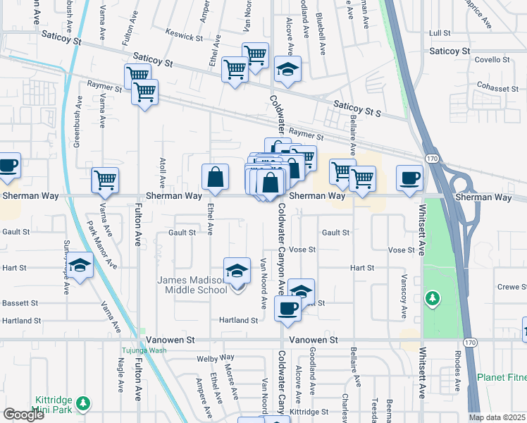 map of restaurants, bars, coffee shops, grocery stores, and more near 7135 Coldwater Canyon Avenue in Los Angeles