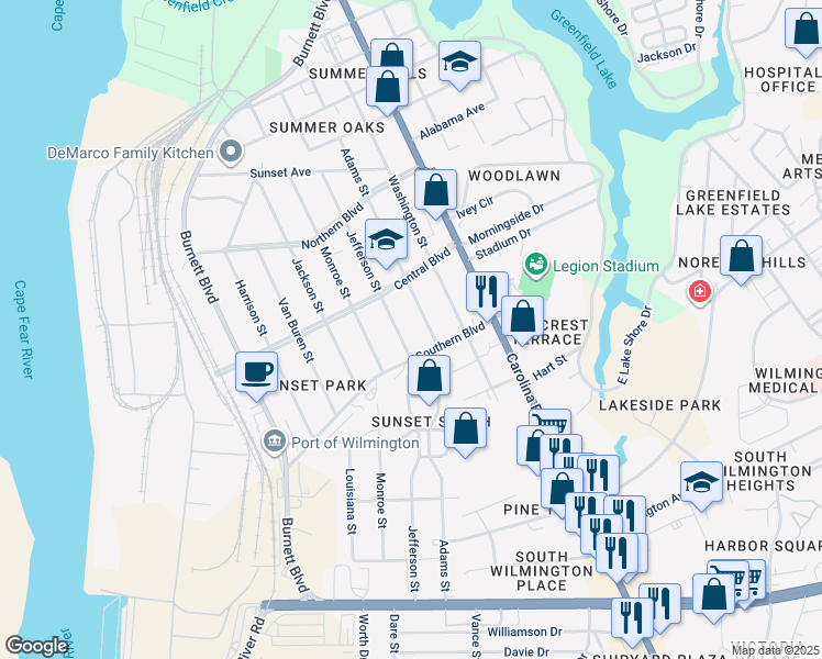 map of restaurants, bars, coffee shops, grocery stores, and more near 245 Southern Boulevard in Wilmington