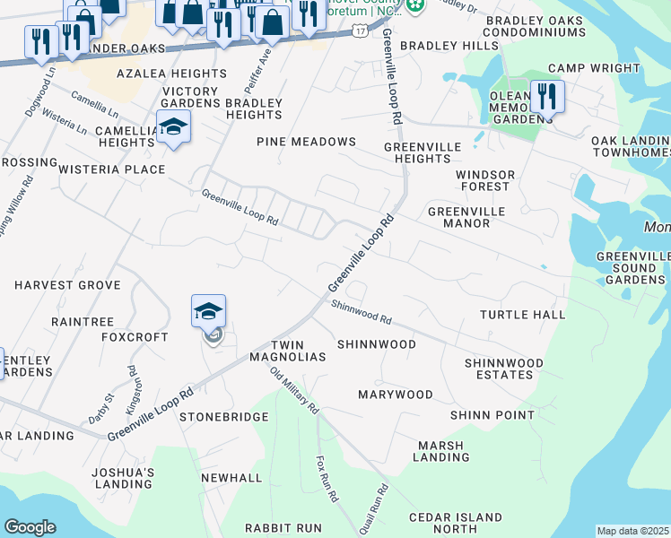 map of restaurants, bars, coffee shops, grocery stores, and more near 6411 Greenville Loop Road in Wilmington