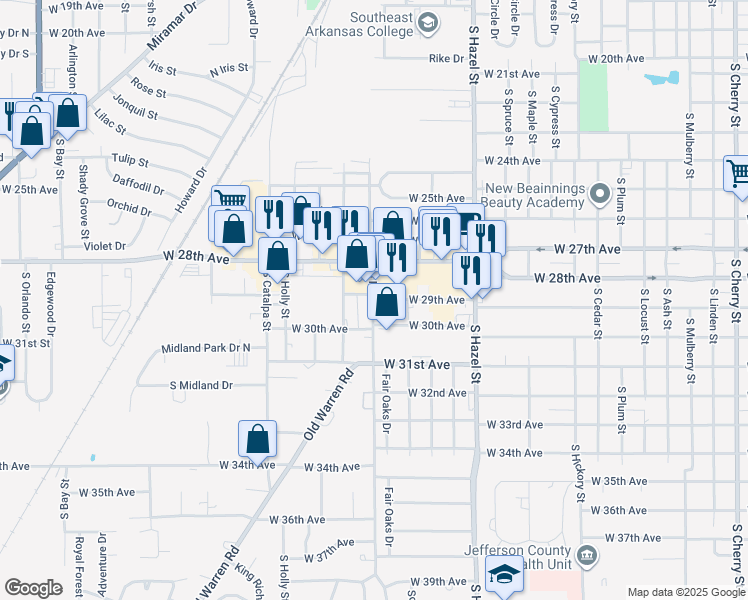 map of restaurants, bars, coffee shops, grocery stores, and more near in Pine Bluff