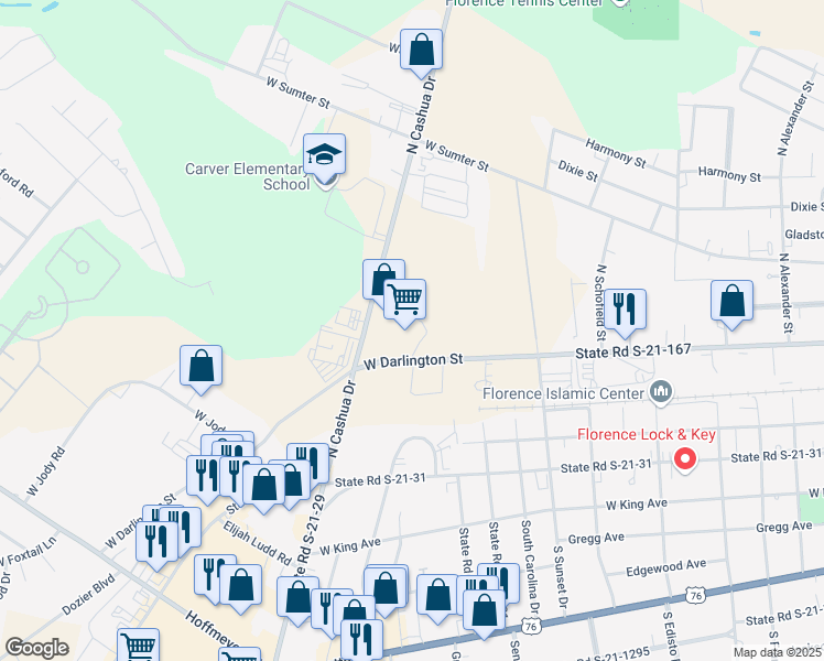 map of restaurants, bars, coffee shops, grocery stores, and more near 350 North Cashua Drive in Florence