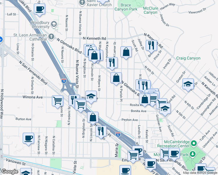 map of restaurants, bars, coffee shops, grocery stores, and more near 2324 North Keystone Street in Burbank