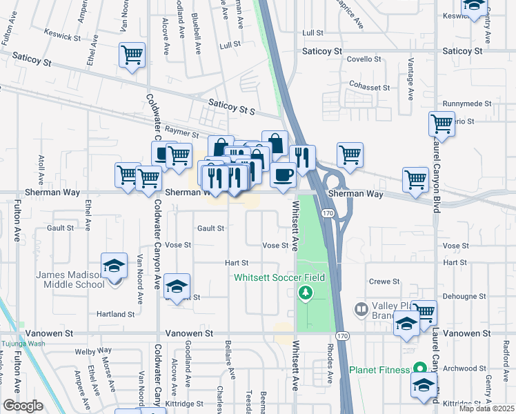 map of restaurants, bars, coffee shops, grocery stores, and more near 12605 Barbara Ann Street in Los Angeles