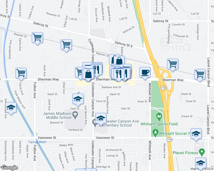 map of restaurants, bars, coffee shops, grocery stores, and more near 12801 Barbara Ann Street in Los Angeles