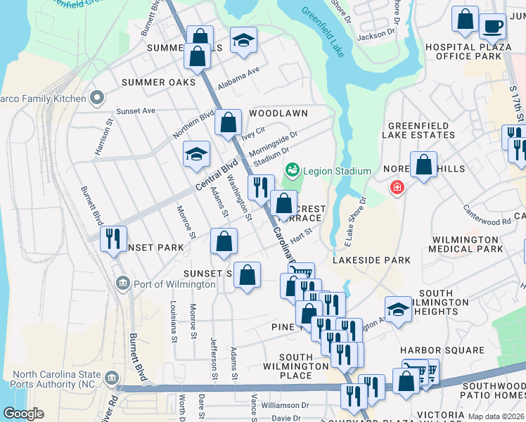 map of restaurants, bars, coffee shops, grocery stores, and more near 2206 Carolina Beach Road in Wilmington