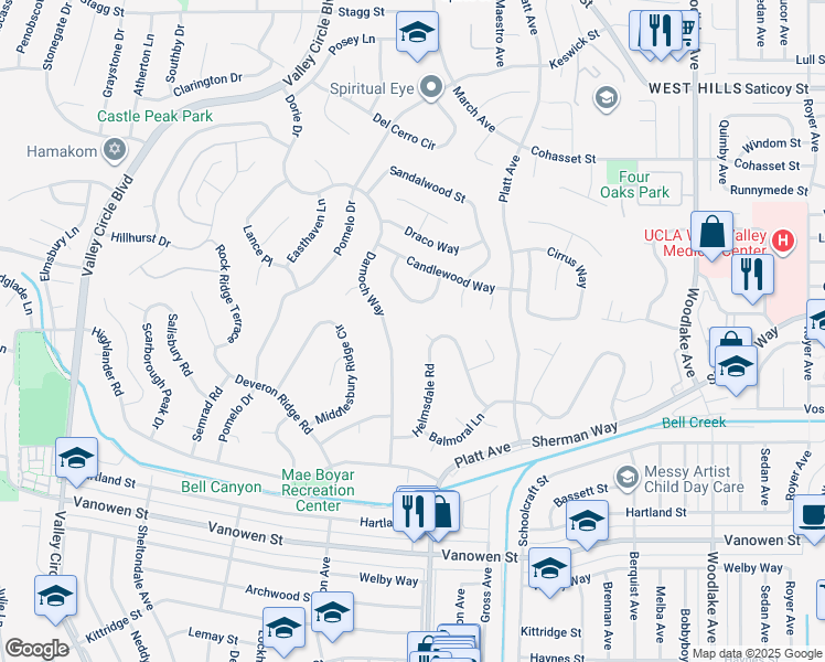 map of restaurants, bars, coffee shops, grocery stores, and more near 7153 Helmsdale Road in Los Angeles