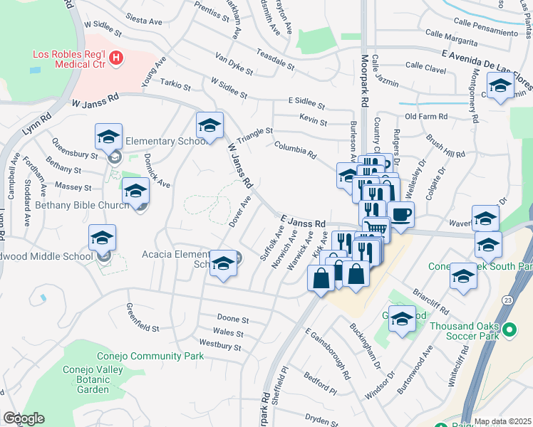 map of restaurants, bars, coffee shops, grocery stores, and more near 24 West Janss Road in Thousand Oaks
