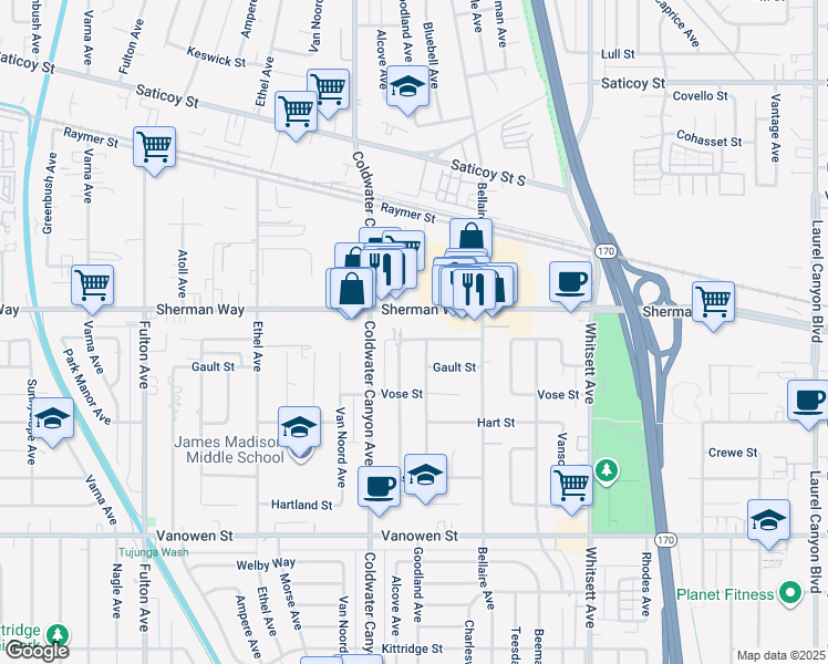 map of restaurants, bars, coffee shops, grocery stores, and more near 12756 Barbara Ann Street in Los Angeles