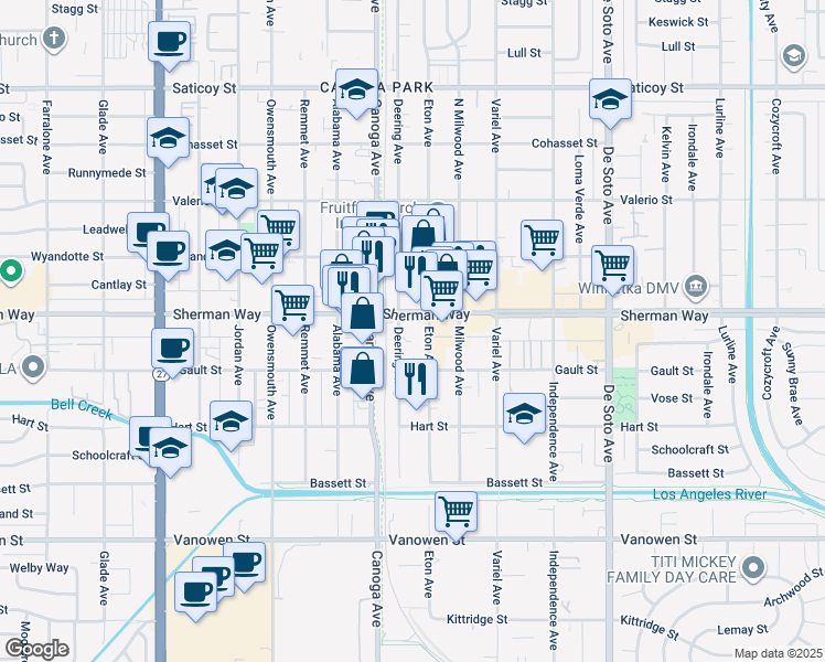 map of restaurants, bars, coffee shops, grocery stores, and more near 7121 Eton Avenue in Los Angeles