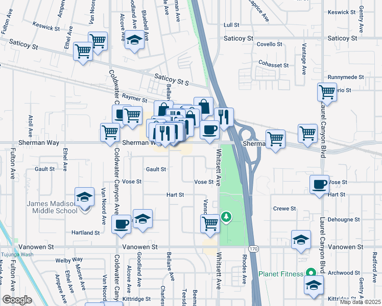 map of restaurants, bars, coffee shops, grocery stores, and more near 12605 Barbara Ann Street in Los Angeles