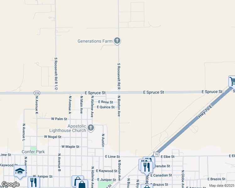map of restaurants, bars, coffee shops, grocery stores, and more near 312 East Spruce Street in Portales