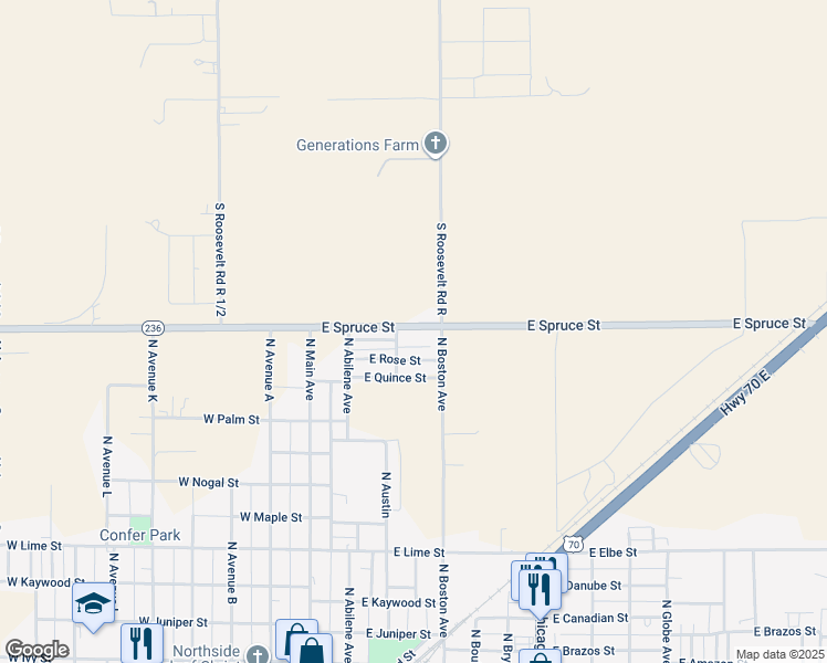 map of restaurants, bars, coffee shops, grocery stores, and more near 310 East Spruce Street in Portales