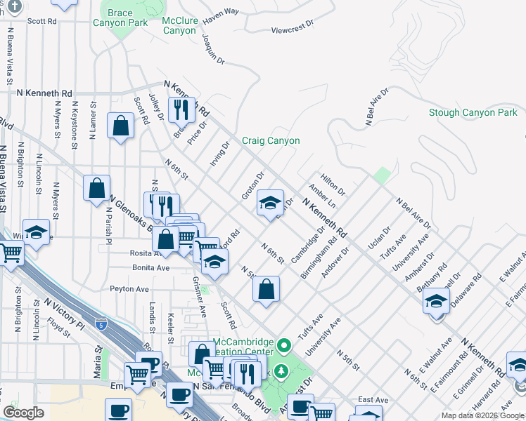 map of restaurants, bars, coffee shops, grocery stores, and more near 2001 Karen Street in Burbank