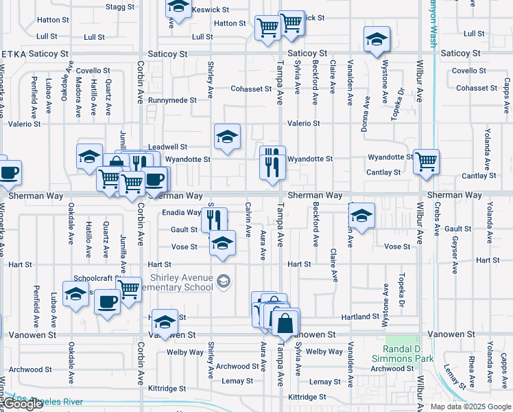 map of restaurants, bars, coffee shops, grocery stores, and more near 19350 Sherman Way in Los Angeles