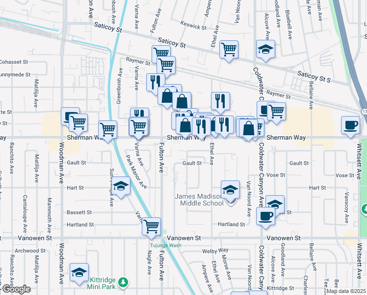 map of restaurants, bars, coffee shops, grocery stores, and more near 13205 Barbara Ann Street in Los Angeles