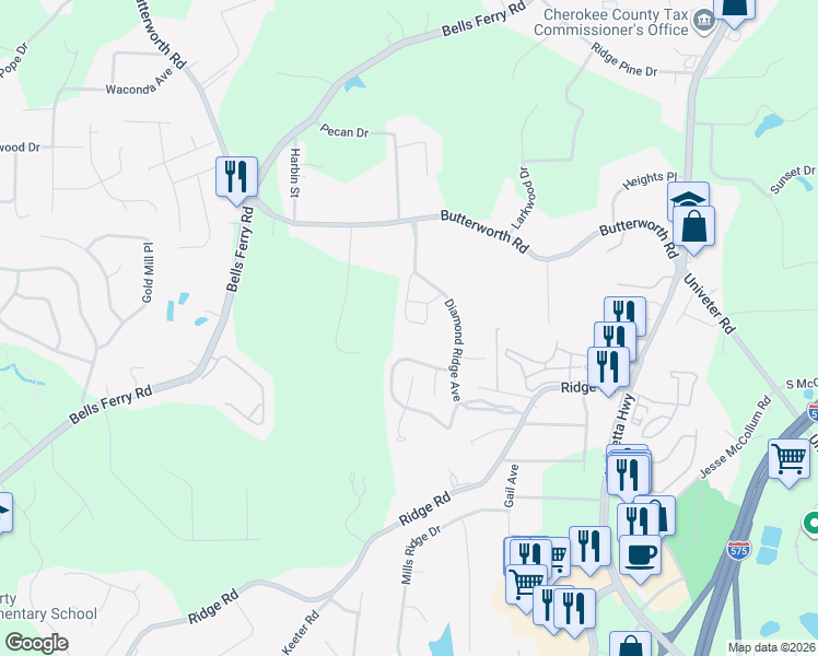 map of restaurants, bars, coffee shops, grocery stores, and more near 261 Diamond Valley Pass in Canton