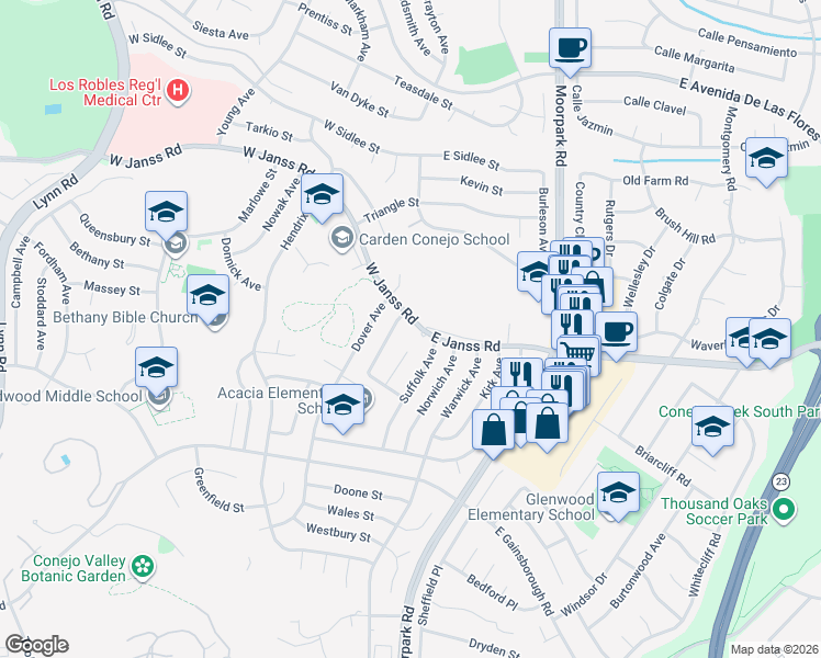 map of restaurants, bars, coffee shops, grocery stores, and more near 24 West Janss Road in Thousand Oaks